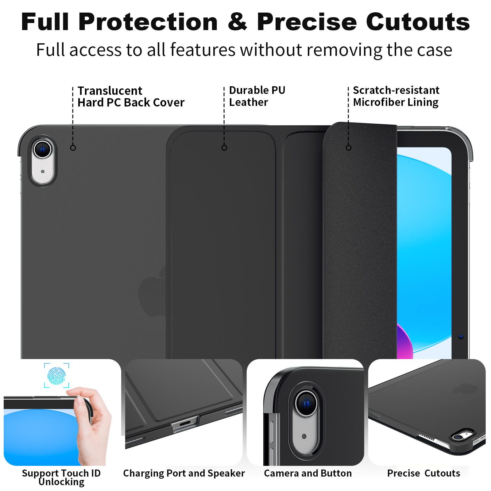 SUPFINE for iPad (A16) 11th Generation Case 11 inch 2025 & iPad 10th Generation Case 10.9 inch 2022, Slim Stand Hard PC Translucent Back Shell Cover (Support Touch ID, Auto Wake/Sleep), Black - 图片 5